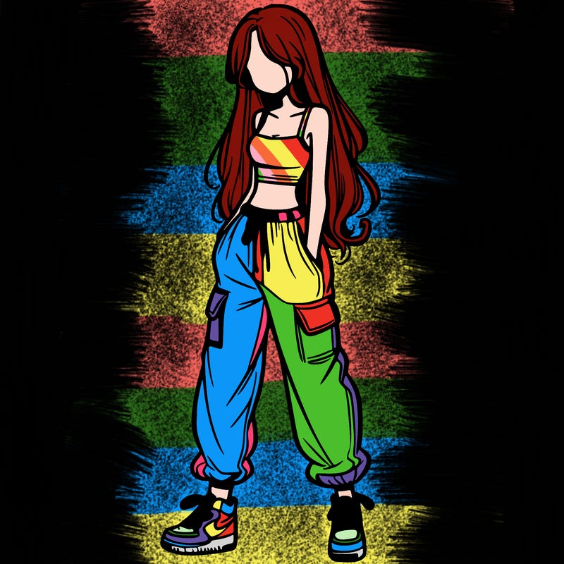 girl in baggy pants crop top and long hair