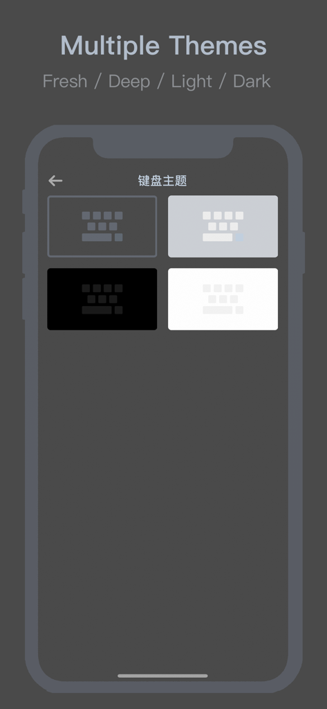Screenshot of OneBoard app showing theme selection options for Fresh Deep Light and Dark keyboard styles.