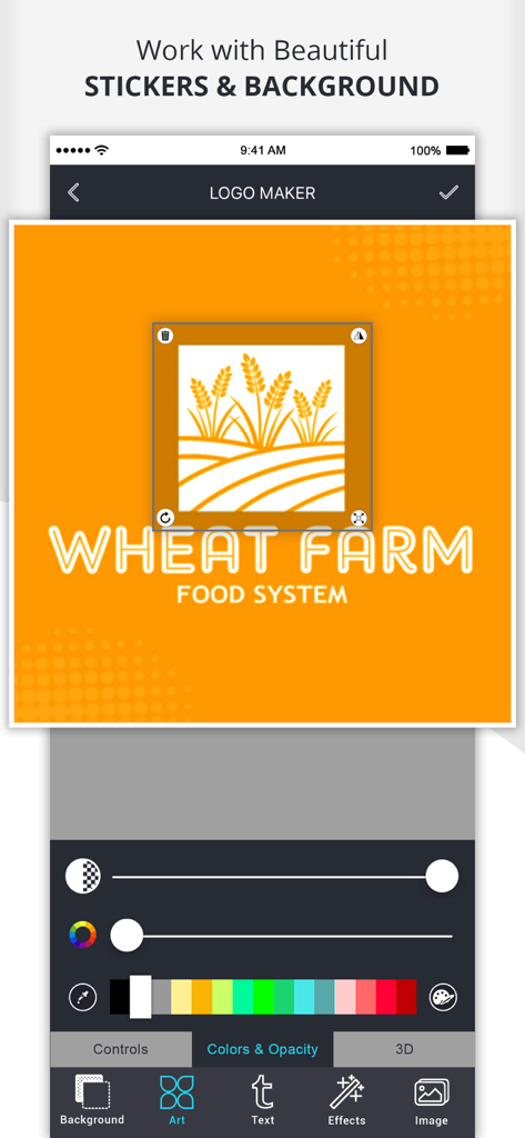 Ace Logo Maker - Ace Logo Maker App-Oberfläche, die die Erstellung eines Weizenfarm-Logos mit Farb- und Deckkraft-Bearbeitungswerkzeugen zeigt