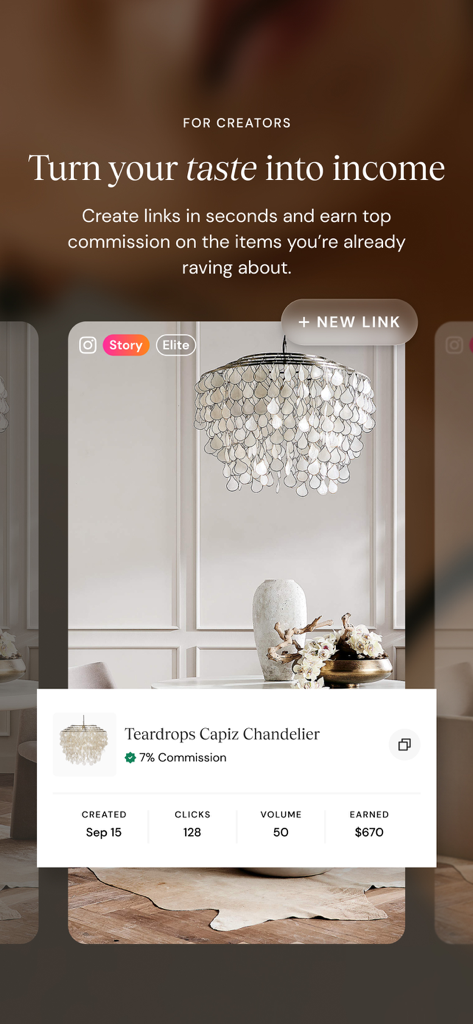 Tableau de bord créateur dans ShopMy montrant les revenus et les statistiques de commission pour les produits recommandés comme un lustre en capiz.