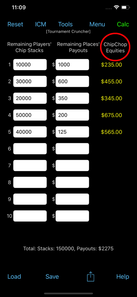 Tournament Cruncher (ICM) - Screenshot of Tournament Cruncher poker app displaying the ChipChop equities calculator with chip stacks and payouts.