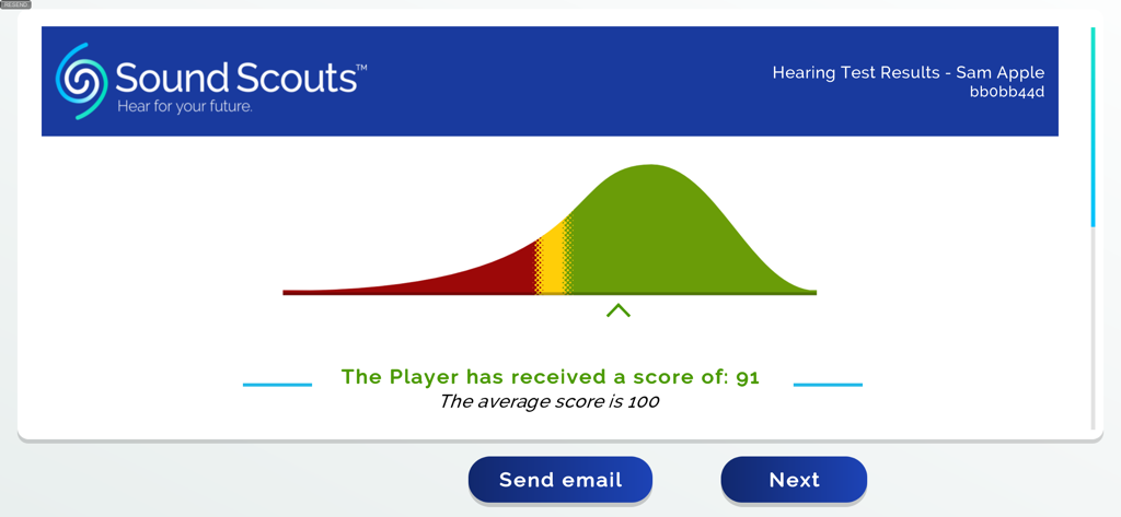 Sound Scouts Hearing Test - Sound Scouts hearing test results screen showing a score of 91 on a color coded bell curve graph