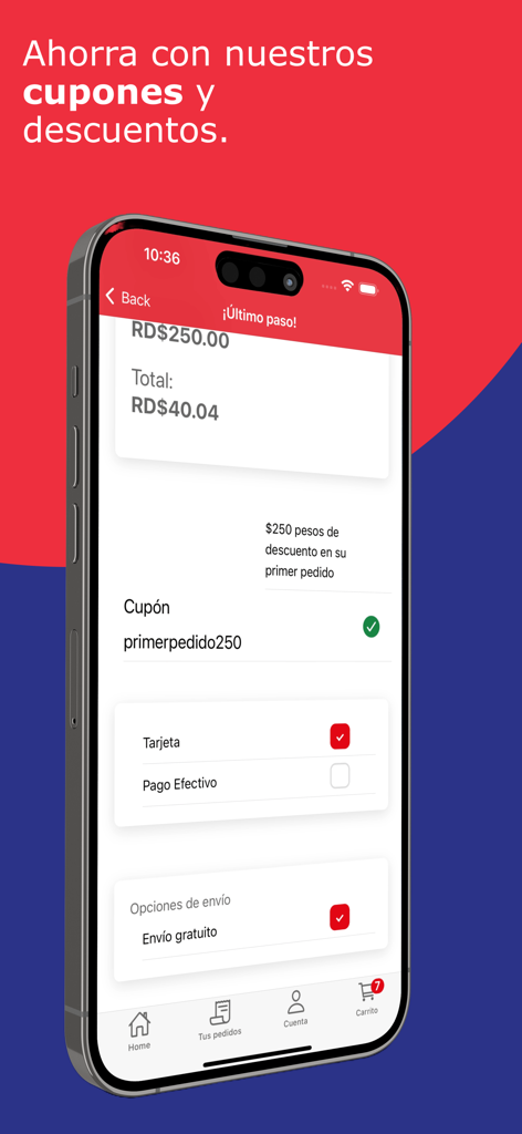 Monegro App - Écran de paiement de Monegro App montrant un coupon de réduction appliqué et la sélection du mode de paiement