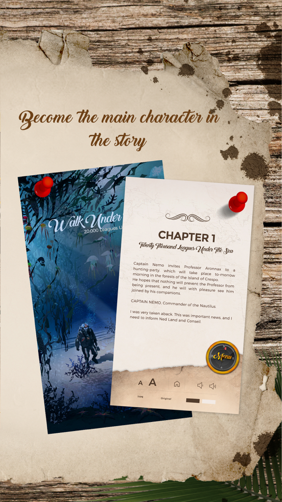 20000 Leagues Under the Sea - Interactive Fiction - A screenshot of the interactive fiction app showing Chapter 1 of 20000 Leagues Under the Sea with an underwater illustration.
