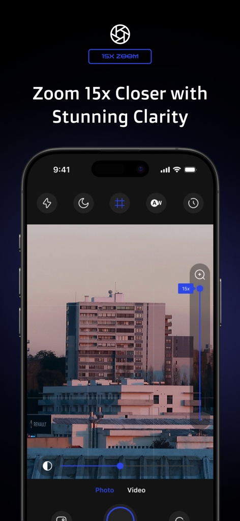 Ultra Camera 200x - Super Zoom - Ultra Camera app interface showing 15x zoom on a building with stunning clarity