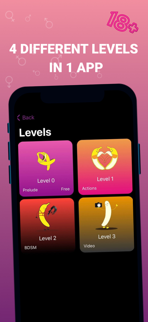 Mobile app interface showing four intimacy levels for couples from prelude to bold experiences