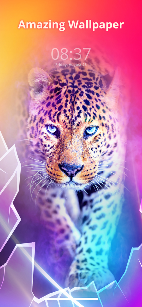 Cool Live Wallpapers Maker 4k - Leopardo con ojos azules en un fondo de pantalla animado colorido para la pantalla de bloqueo del iPhone