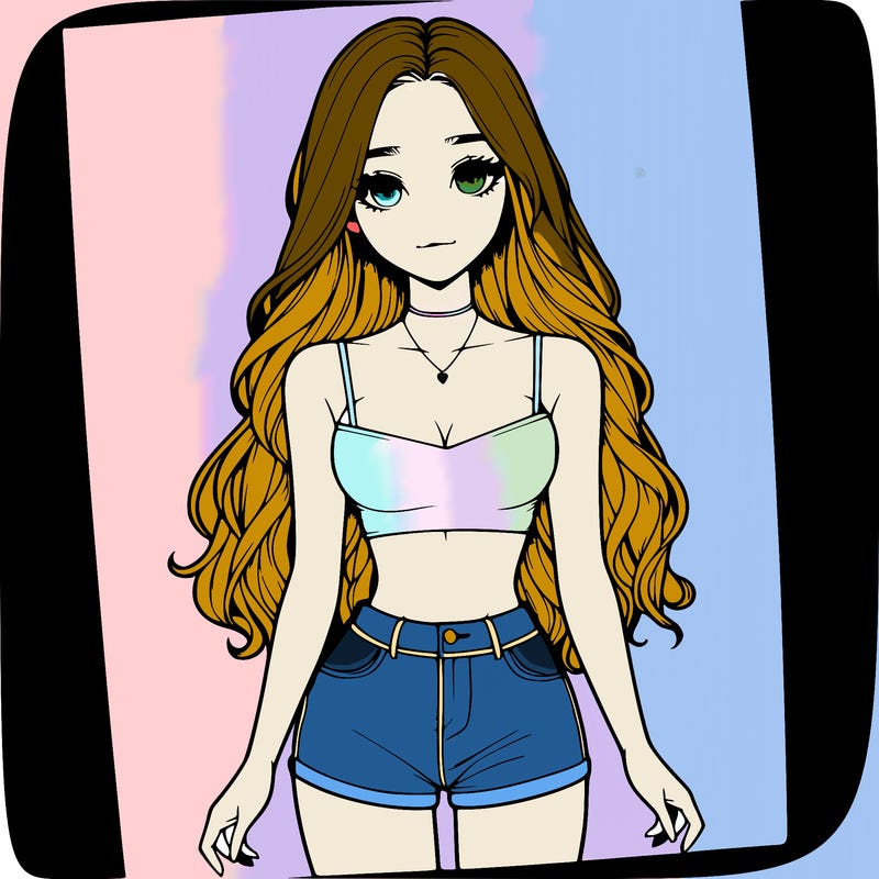 a realistic girl with long hair and in a crop top and shprts