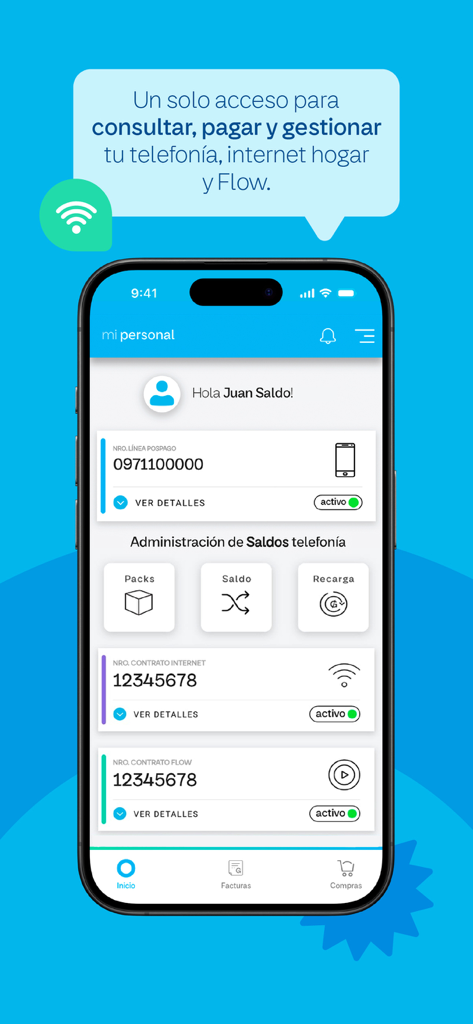 Mi Personal - Paraguay - Dashboard of Mi Personal Paraguay app showing management options for mobile phone, home internet, and Flow TV services