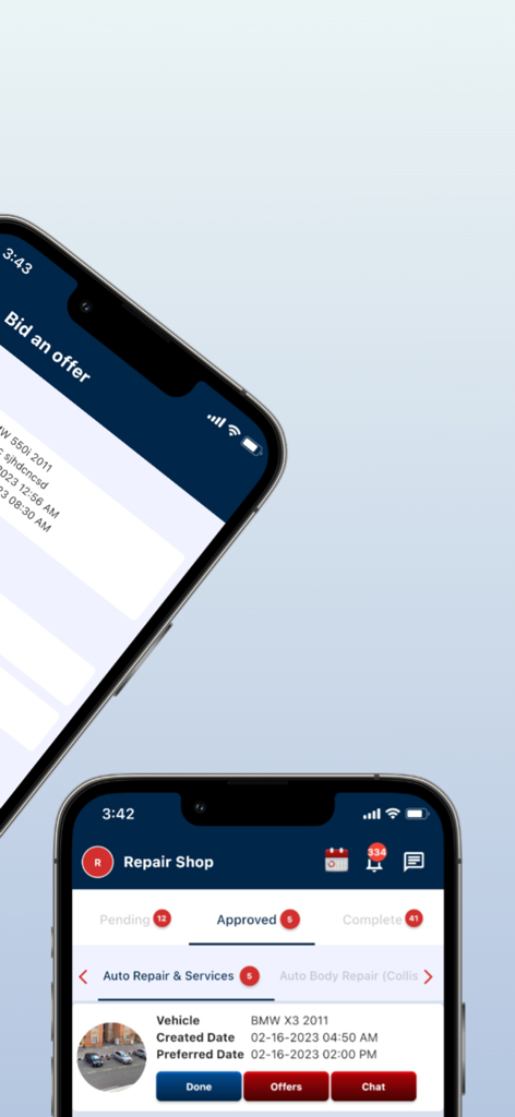 My Car App Vendor - Interface of the My Car App Vendor showing repair shop order management and bidding for auto repair services