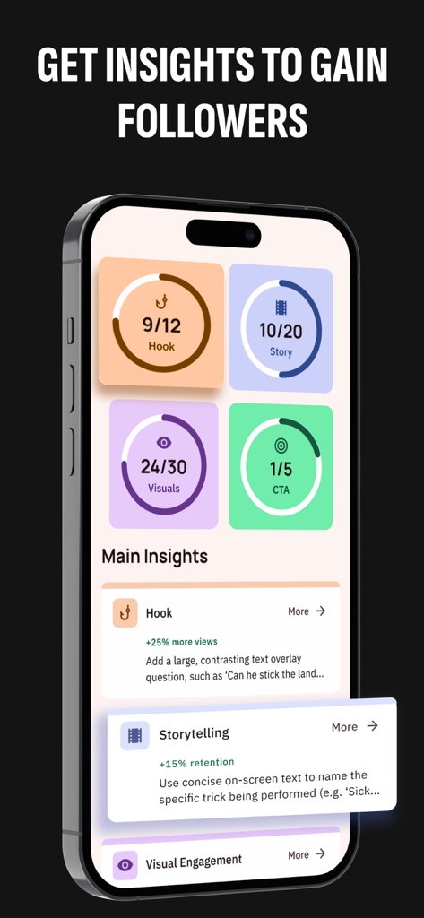 Go Viral - AI Video Tips - Go Viral app screenshot showing AI video analysis scores and tips for hook storytelling and visuals to gain followers