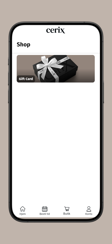 CeriX - Pantalla de la tienda dentro de la aplicación para la clínica estética CeriX, con una opción de tarjeta de regalo.