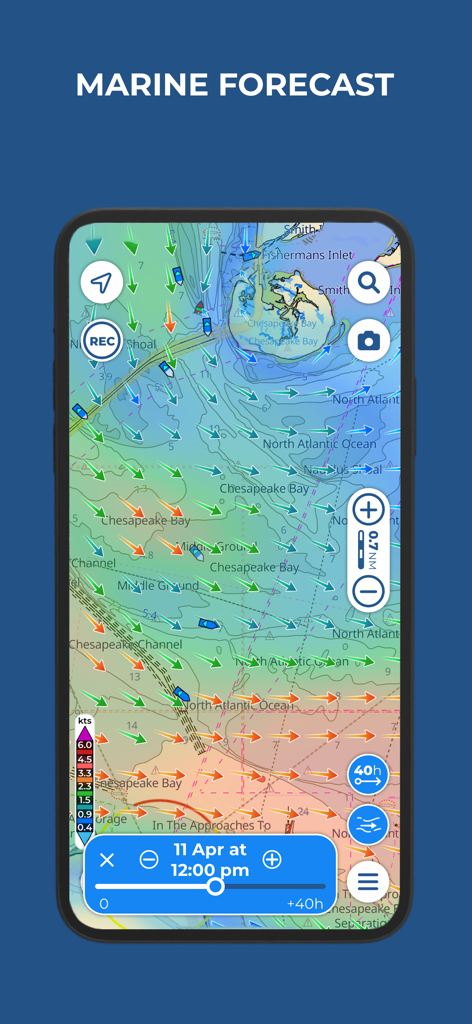 Aqua Map Boating - Aqua Map Boating app interface showing marine forecast with wind and current speed vectors over a nautical chart of Chesapeake Bay.
