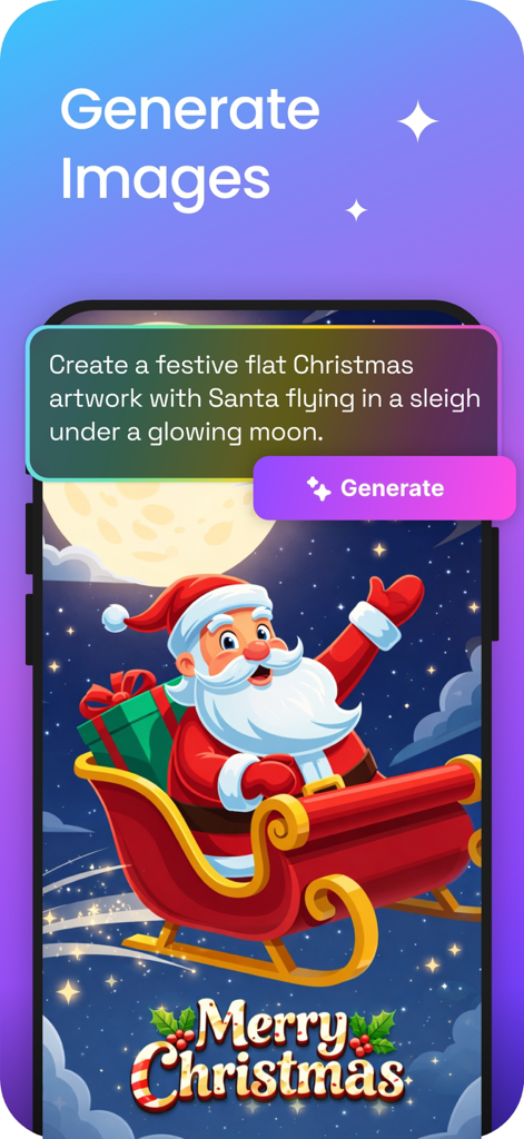 Steve AI: AI Video Generator - A screenshot of the Steve AI app showing the Generate Images feature with a text prompt and an AI-generated artwork of Santa Claus in his sleigh.
