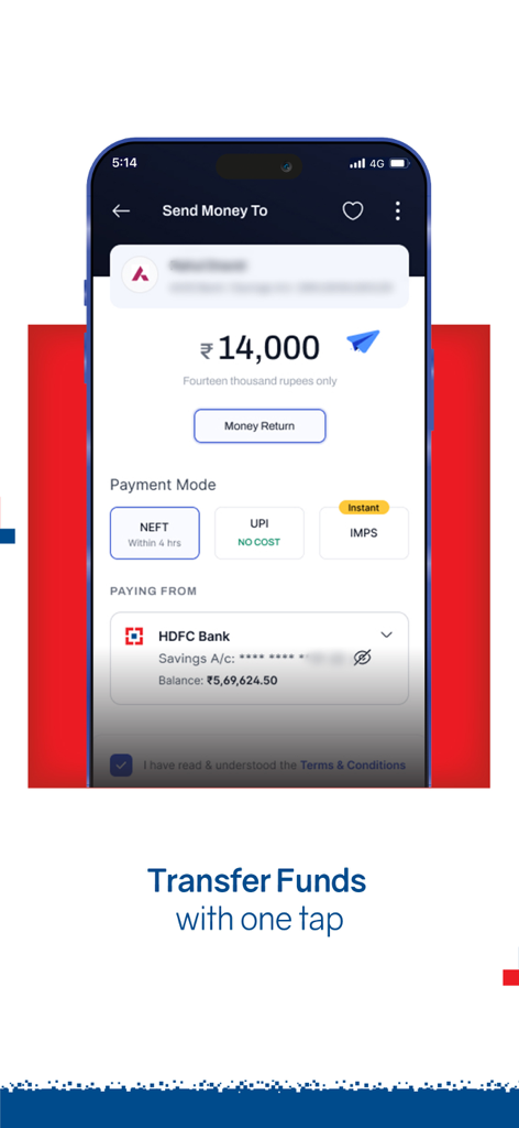 ワンタップでの送金のためのHDFC銀行アプリインターフェースのスクリーンショット。