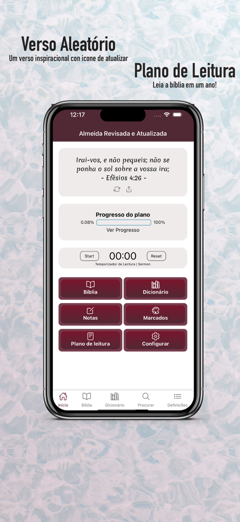 Bíblia Almeida Atualizada - Interface do aplicativo Bíblia Almeida Atualizada mostrando o versículo do dia e os recursos do plano de leitura.