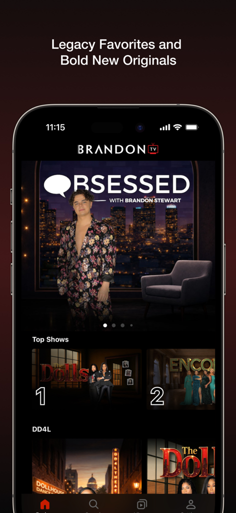 Brandon Studios TV - Brandon Studios TV app home screen featuring original reality shows and legacy icons