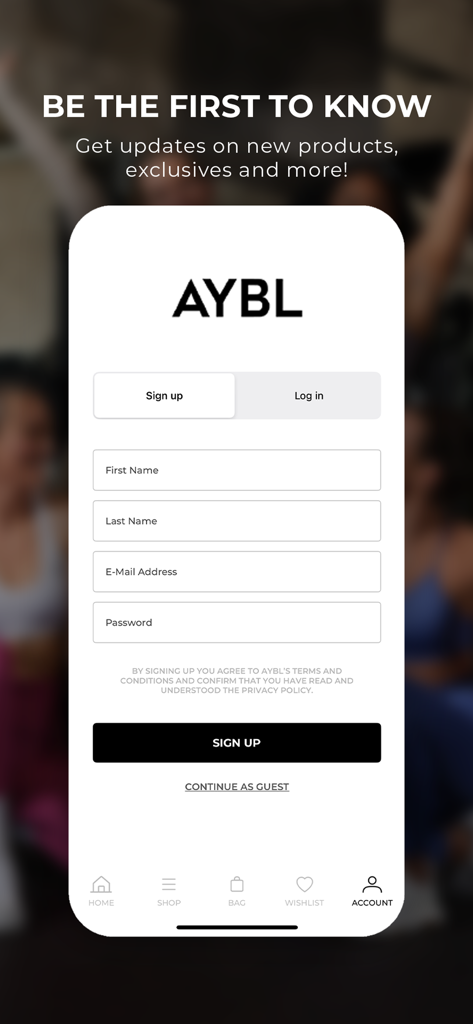 AYBL app sign up screen with registration form and account options