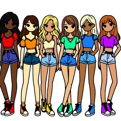 a group of girls wearing crop tops and shorts