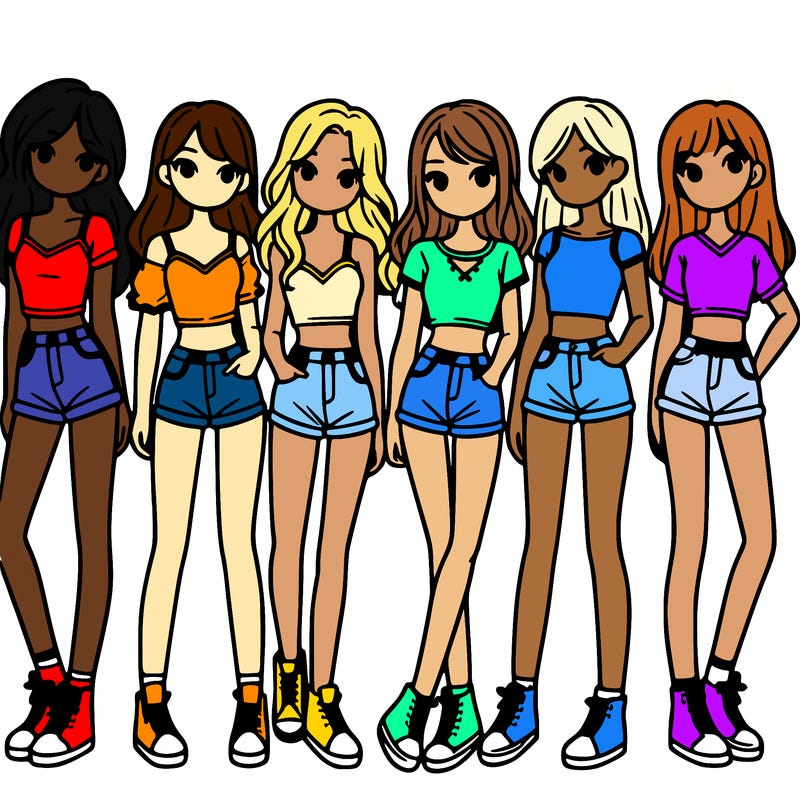 a group of girls wearing crop tops and shorts