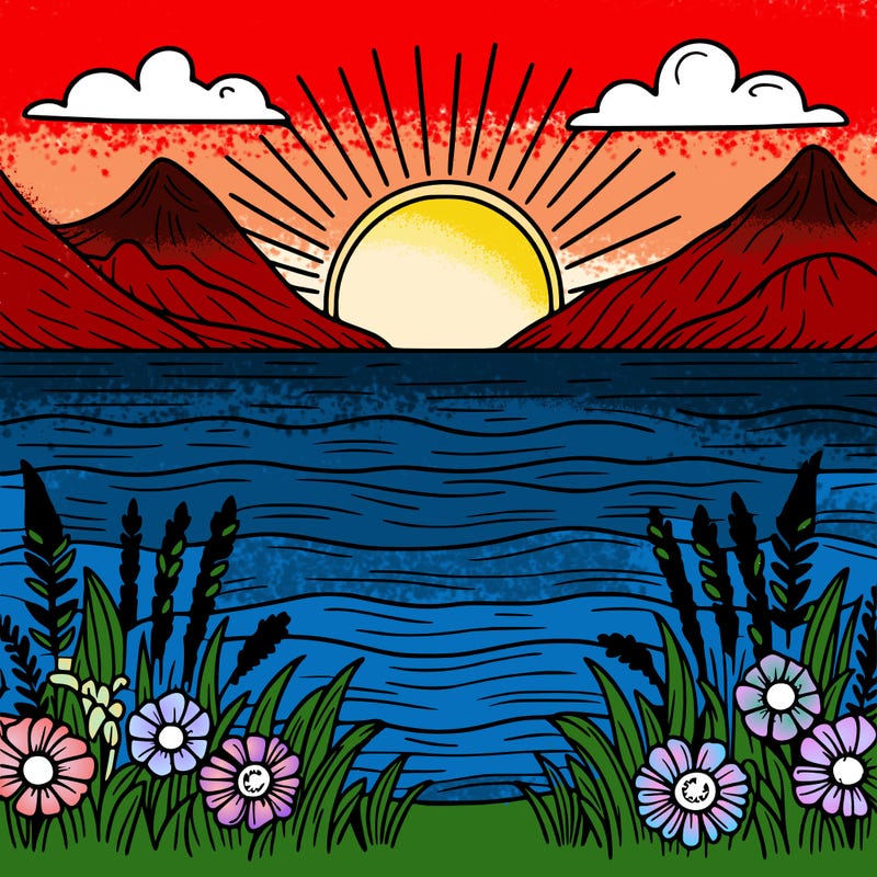 sun set with ocean and mountains