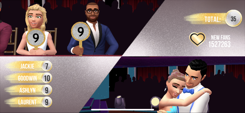 Dancing with the Stars : Game - Une scène du jeu mobile Danse avec les stars montrant les juges et les scores de la compétition de danse.