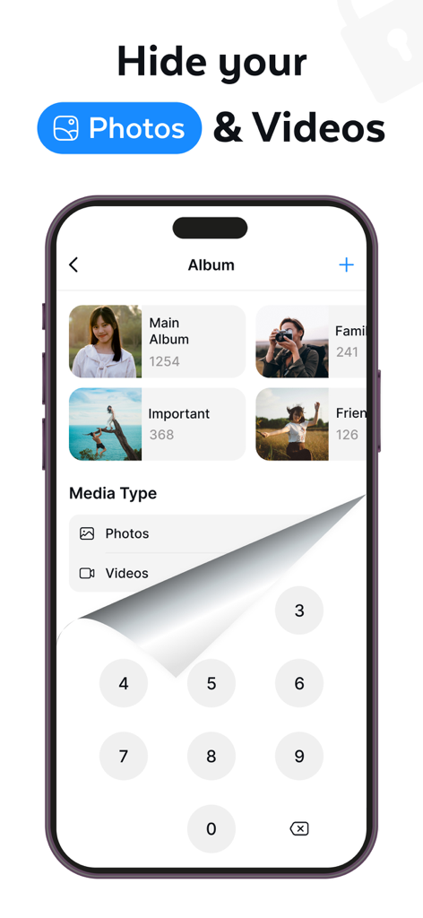 Secure Folder - Private Vault™ - Secure Folder app interface showing photo albums protected by a numeric passcode keypad