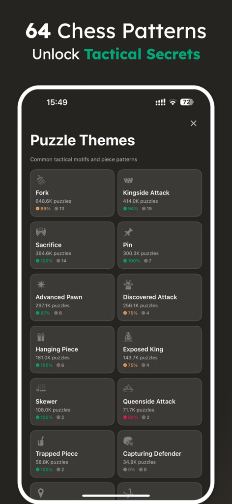 Chess app screen showing various tactical puzzle themes like Fork, Pin, and Sacrifice for training.