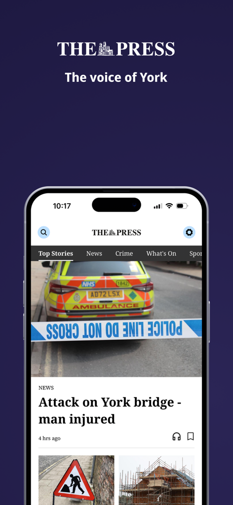 York Press - York Press mobile app interface showing top stories and local news headlines