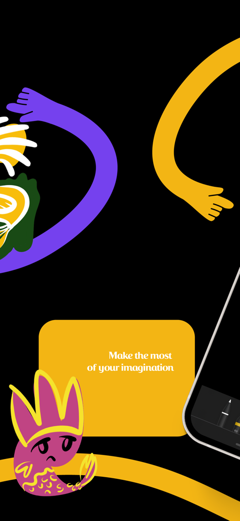 Doodle: Color, Draw & Sketch - Playful abstract character doodles on a dark background with the text Make the most of your imagination.