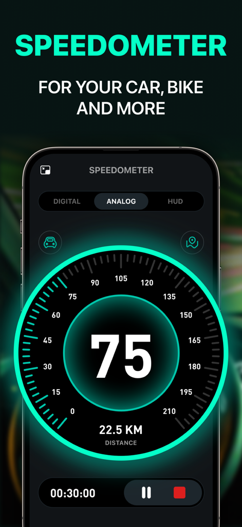 Speedometer GPS Navigation app displaying an analog gauge with speed and trip distance