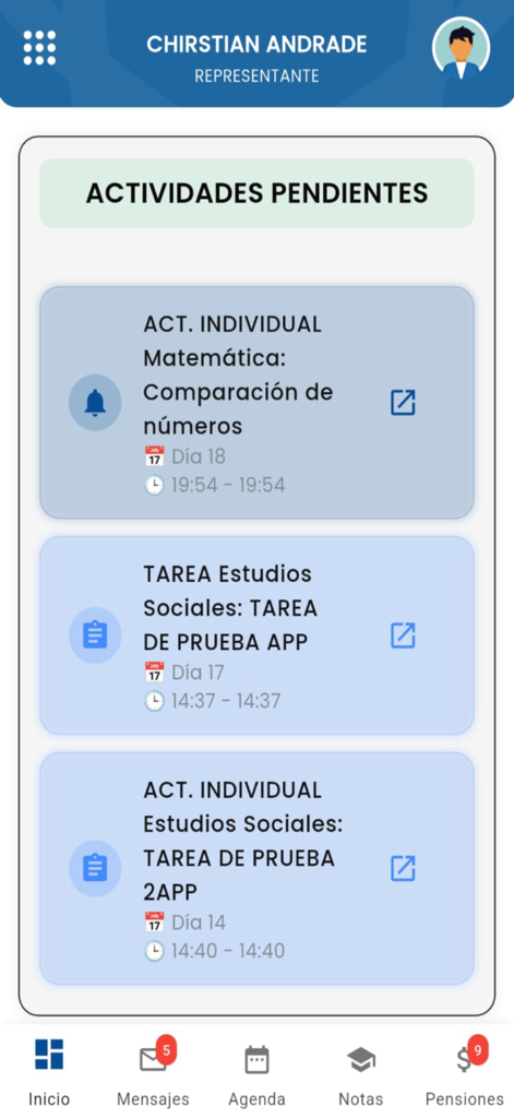Gescolar - Dashboard of Gescolar app displaying pending student assignments and school tasks