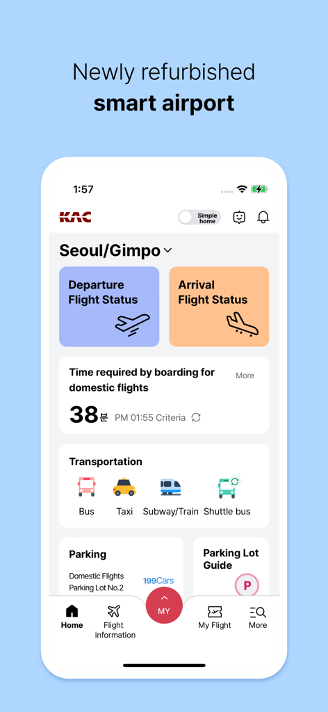 Panel de control de la aplicación Smart Airports para el aeropuerto Gimpo de Seúl que muestra el estado de los vuelos y las opciones de transporte.