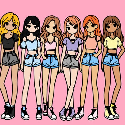 a group of girls wearing crop tops and shorts