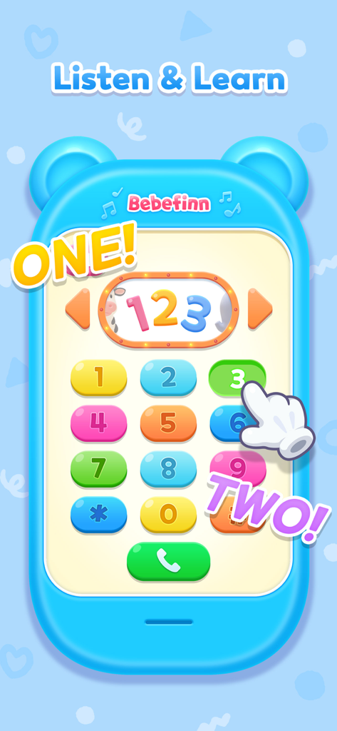 Pantalla de la aplicación Bebefinn Play Phone con un teclado numérico colorido para que los niños pequeños aprendan números y a contar.
