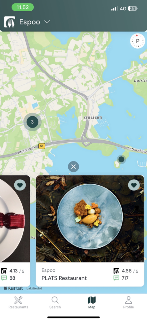 TableOnline - Reservations - Map view of the TableOnline app showing restaurant locations in Espoo with a preview card for PLATS Restaurant