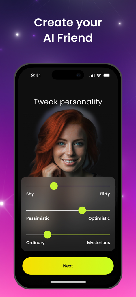 Interface for customizing an AI girlfriend's personality traits using sliders for shy flirty pessimistic and optimistic settings.