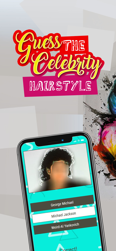 Guess The Celebrity Hairstyle - A smartphone displaying the Guess The Celebrity Hairstyle trivia game with a Michael Jackson hair quiz