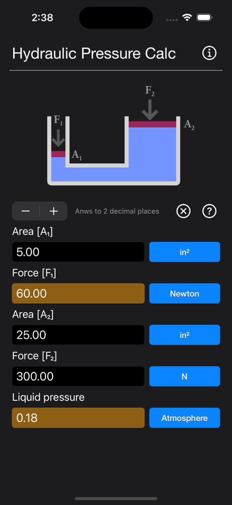 Hydraulic Pressure Calculator - Hydraulic Pressure Calculator app interface showing a Pascal Law diagram and input fields for area and force calculations