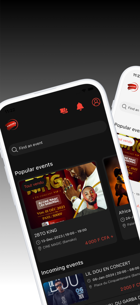e-KaTicket - User interface of the e-KaTicket app featuring event discovery and popular concert listings on a dark theme