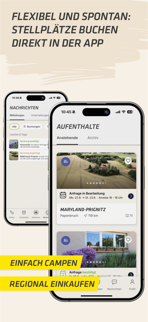 Interface of the Landvergnügen app showing booking messages and upcoming farm stays