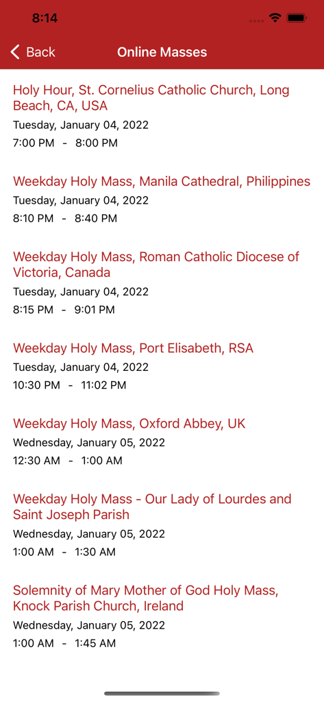 Catholic Daily Readings - List of online Catholic Masses from various locations worldwide in the app.