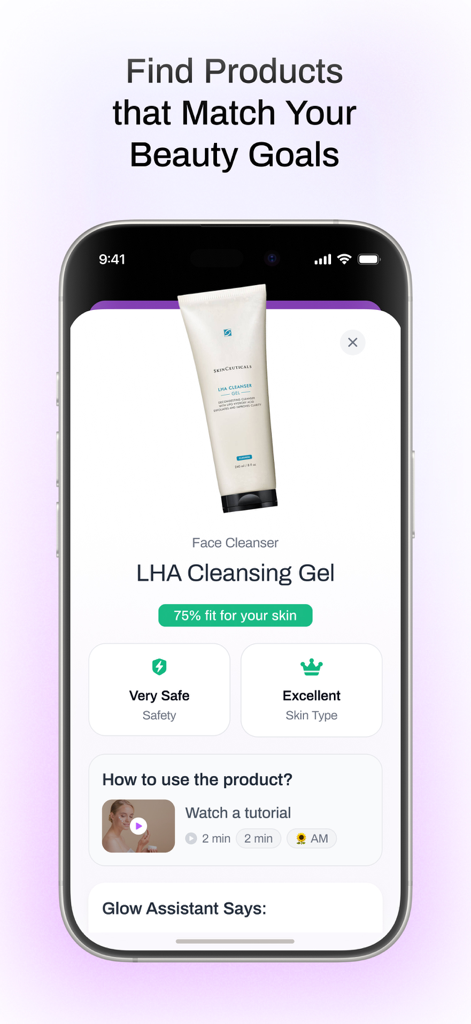 Glow App Screenshot zeigt eine personalisierte Hautpflegeproduktempfehlung mit Hautverträglichkeits- und Sicherheitsbewertungen