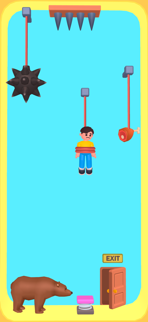 Save the Boy: Rescue Puzzle - A physics based puzzle level where a boy hangs from a rope near a bear and an exit door