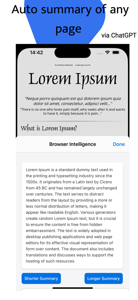 Browser Intelligence - Screenshot of Browser Intelligence app providing an automatic AI summary of a web page in Safari