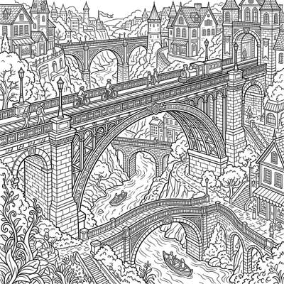Dive into a magnificent world of architectural wonders with this intricate arch bridges coloring page. Designed specifically for teens, this template offers a complex cityscape waiting for your artistic touch.