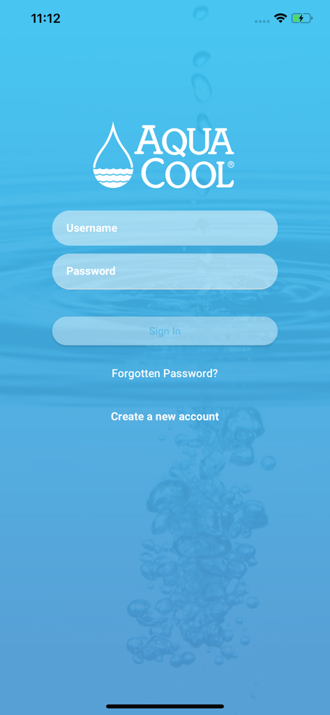Aqua Cool - Pantalla de inicio de sesión de la aplicación de entrega de agua Aqua Cool con campos de nombre de usuario y contraseña sobre un fondo de agua azul