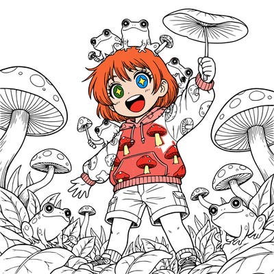 a girl with short hair and mushrooms and frogs lea
