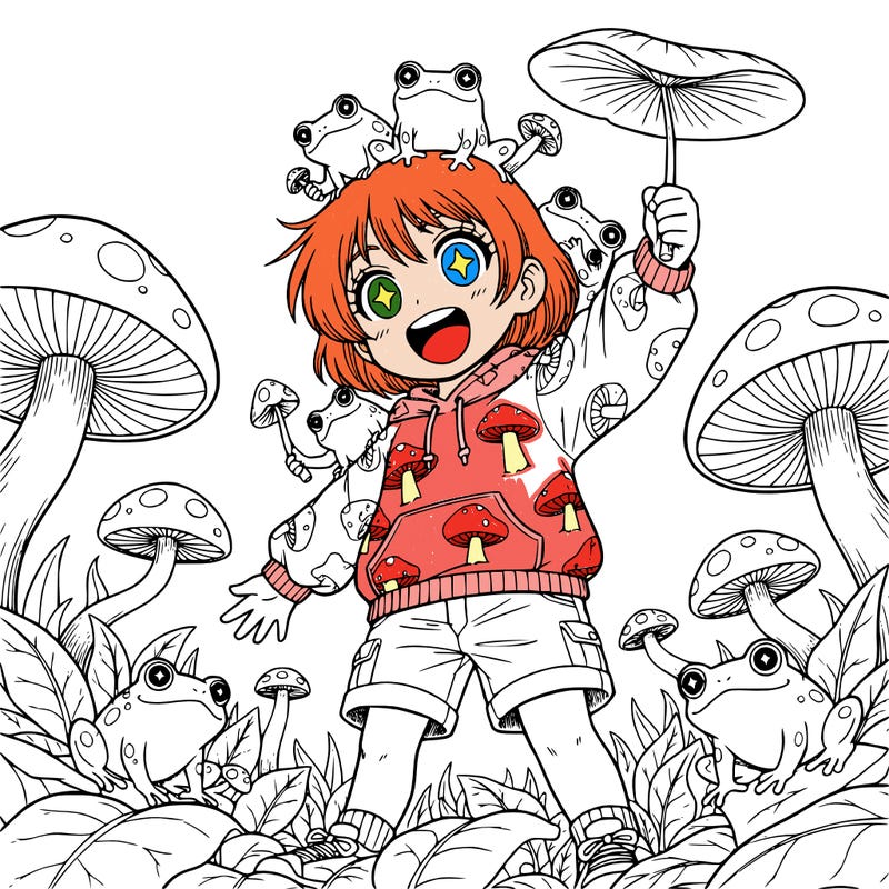 a girl with short hair and mushrooms and frogs lea