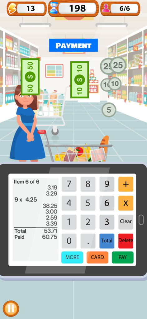 Gameplay of Supermarket Cashier Simulator showing a customer paying with cash and a digital cash register interface.